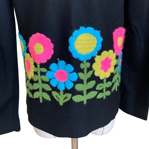 Vintage 60s Floral Top Blouse Neon Mod Yarn Flowers Crewel Small - Picture 6 of 9